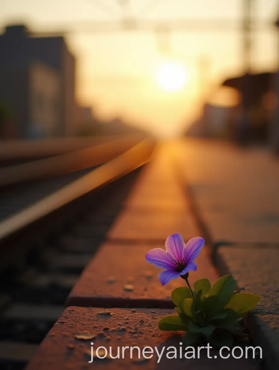 Serene-Railway-Platform-Scene-with-Purple-Flower-in-Golden-Sunset-Light