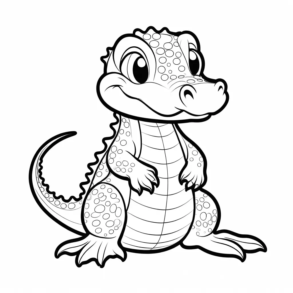 Cartoon baby alligator, Coloring Page, black and white, line art, white background, Simplicity, Ample White Space