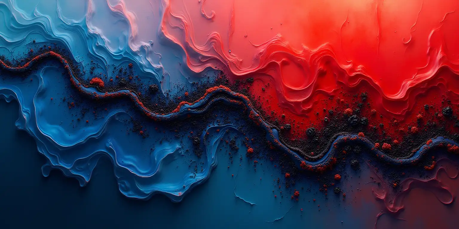 Hyperrealistic Painting in Red and Blue with Merging Colors and Plastic Mesh Elements