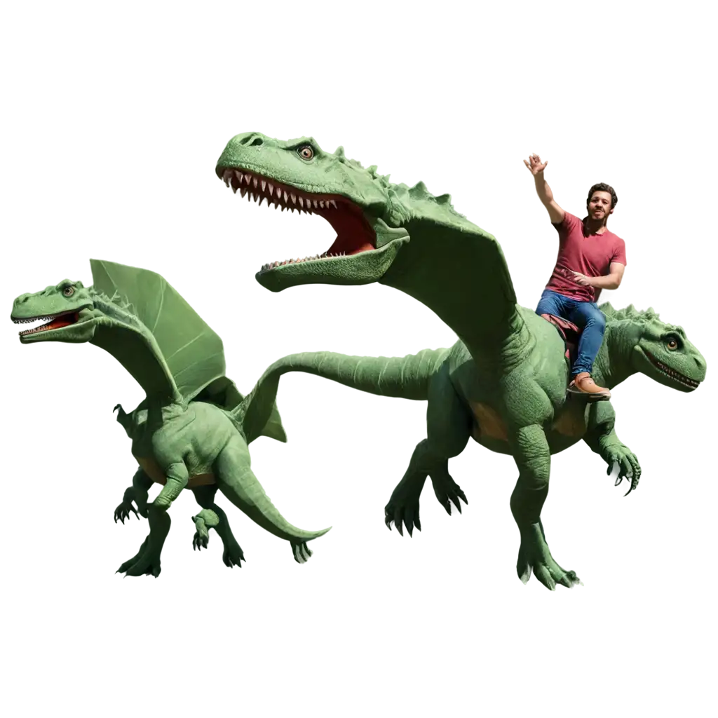 CREATE A FLYING DINOSAURS  AND A MAN SITTING AND FLYING AND RIDING ON THE FLYING DINOSAURS