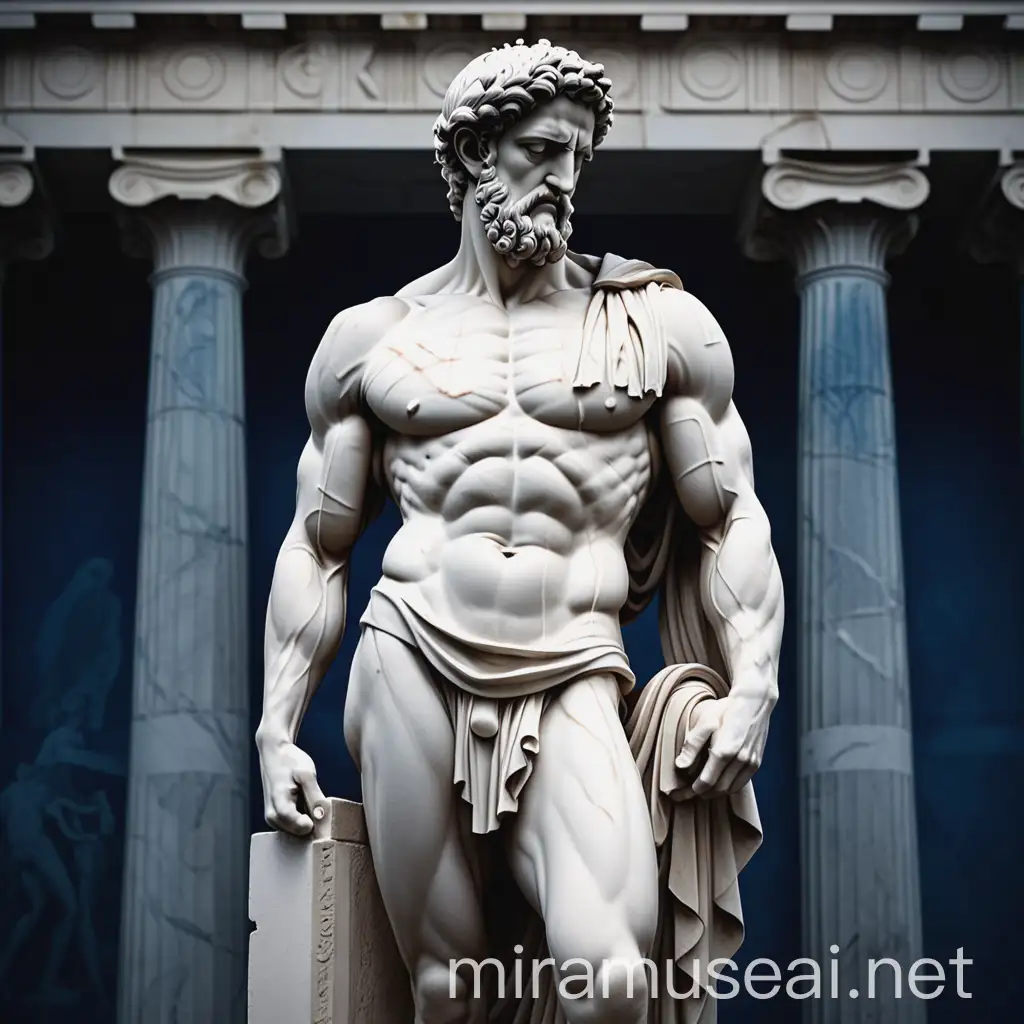 Muscular Stoic Greek Statue Against a Dark Blue Foggy Background