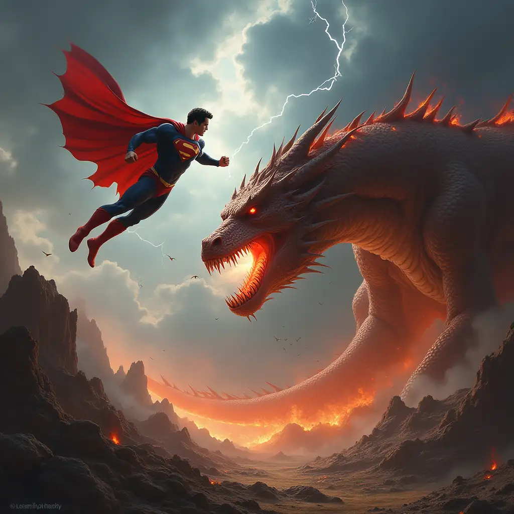 Superman, hovering in mid-air with his fists clenched and eyes glowing red, faces off against a colossal, fire-breathing dragon. The dragon, its scales glistening and wings spread wide, snarls with fury, flames flickering between its sharp teeth. They are surrounded by a dramatic, stormy sky with lightning bolts striking down, while a desolate, craggy landscape lies below, filled with smoldering rocks and smoke, reflecting the intensity of their confrontation.