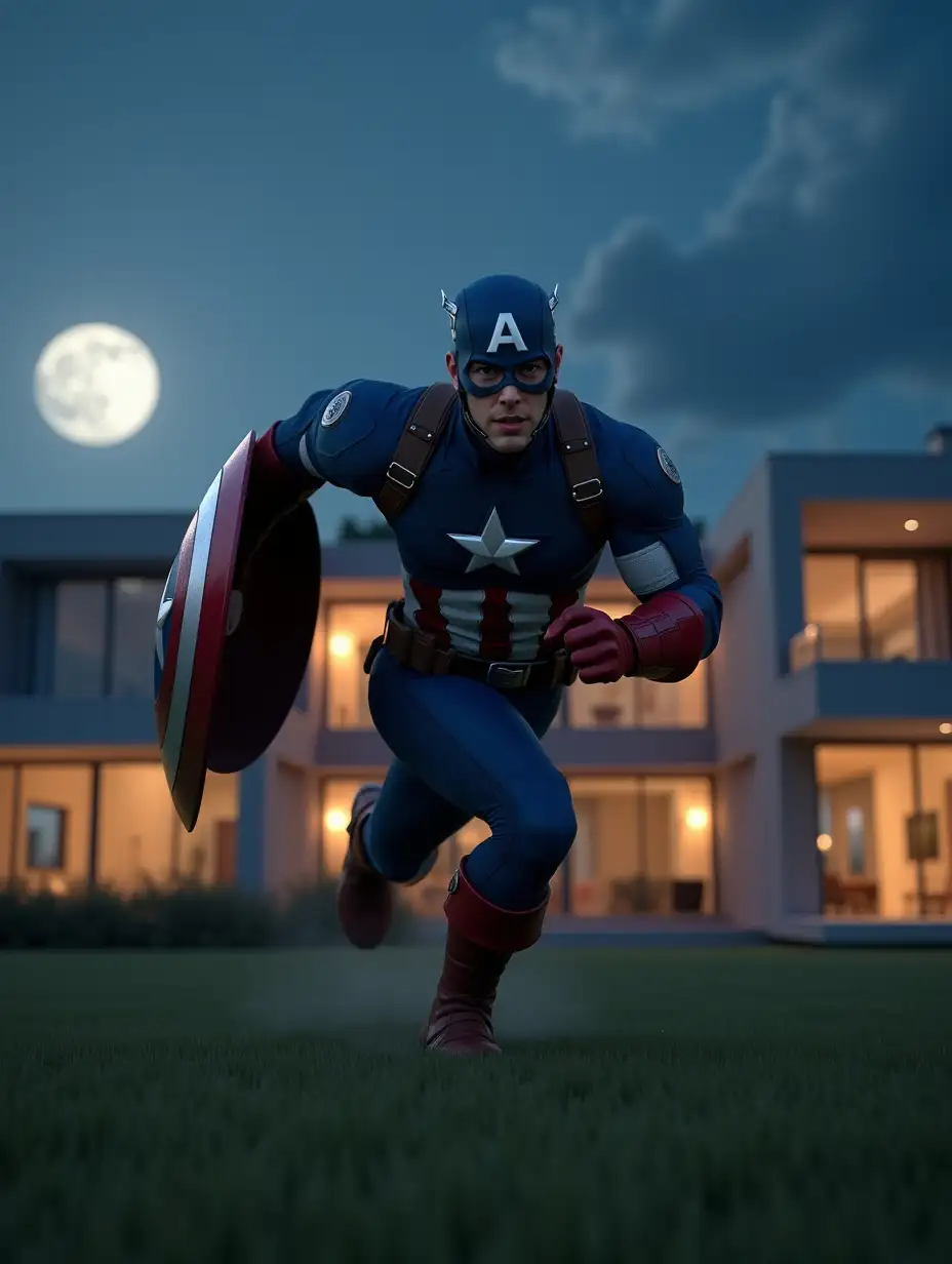 A highly detailed, ultra-realistic 3D render in 4K resolution featuring Captain America in a dynamic running position at night. Captain America is wearing his classic blue and red uniform with a white star emblem on his chest. His helmet with the 'A' symbol is on, and his face shows determination. His muscular physique is well-defined, and his body is leaning forward in an intense sprinting stance. His left arm is bent backward while his right arm is slightly extended forward, capturing motion. His shield is strapped to his back, reflecting ambient light, and his boots are kicking up small particles of dust or grass as he runs. The background features the same modern mansion with warm glowing windows, surrounded by a dark green lawn. The night sky is deep blue with drifting clouds under the moonlight, adding depth and contrast to the scene. The cinematic lighting enhances the realism, with soft shadows and reflections on his suit, highlighting textures and movement. This epic, action-packed scene captures the essence of Captain America in motion, as if he's charging toward a battle or reacting to something urgent.