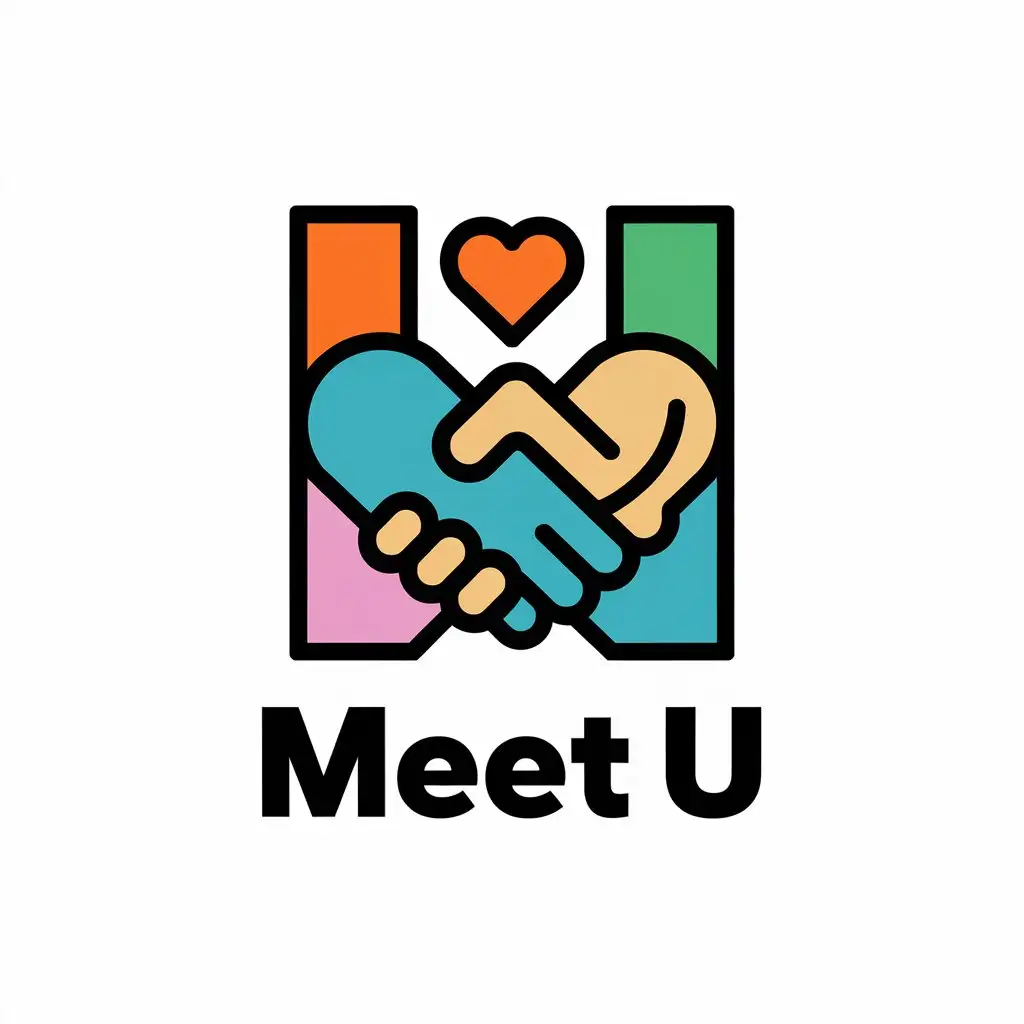 LOGO Design for Meet U Vector Silhouettes with Heart Smile and Handshake Elements for Entertainment Industry