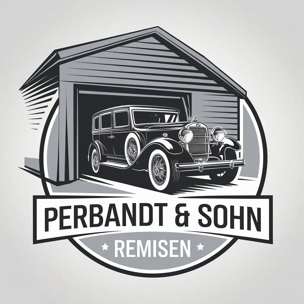 LOGO Design for Perbandt Sohn Remisen Vintage Car Driving Out of a Garage for Real Estate Industry