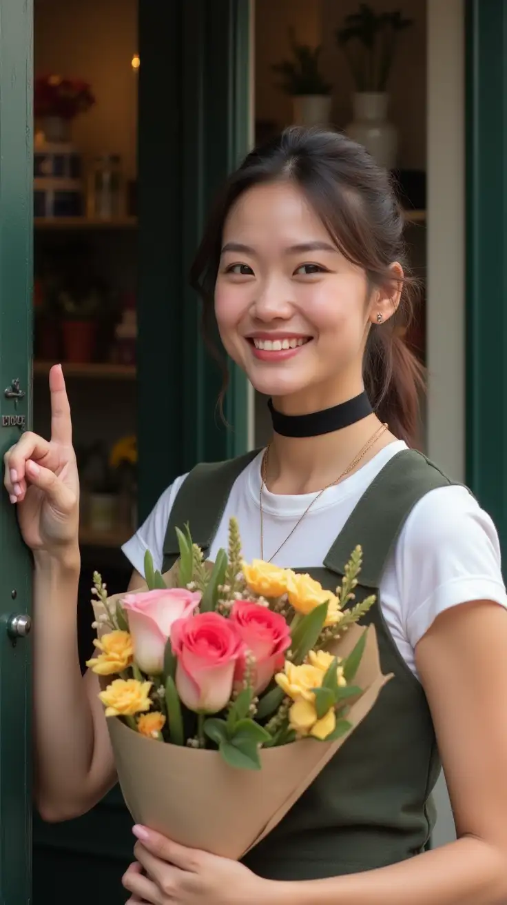 Cheerful-Flower-Shop-Saleswoman-Welcoming-Customers