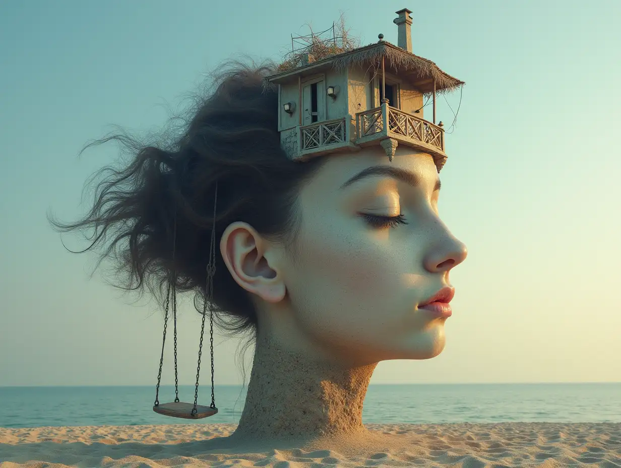 Face with hair transformed into a tall building with a terrace, lantern and hanging swing on the beach