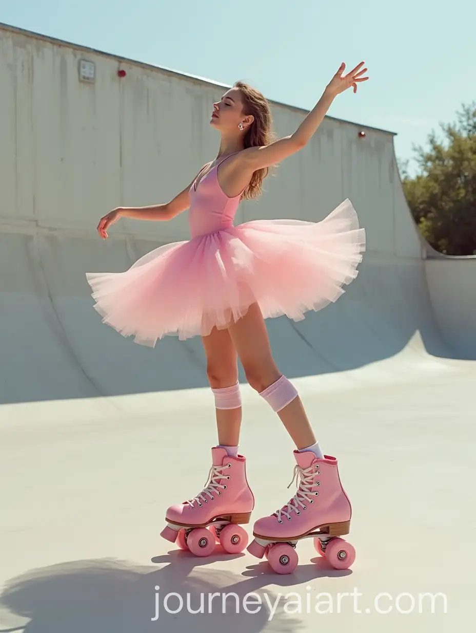 Ballerina-on-Roller-Skates-in-a-Skate-Park-with-Blooming-Skritulistidas