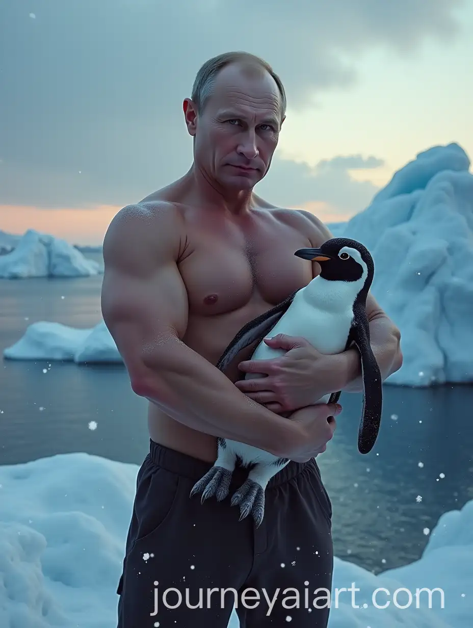 Muscular-Vladimir-Putin-Holding-a-Penguin-on-the-Icy-Shores-of-the-Arctic-Ocean