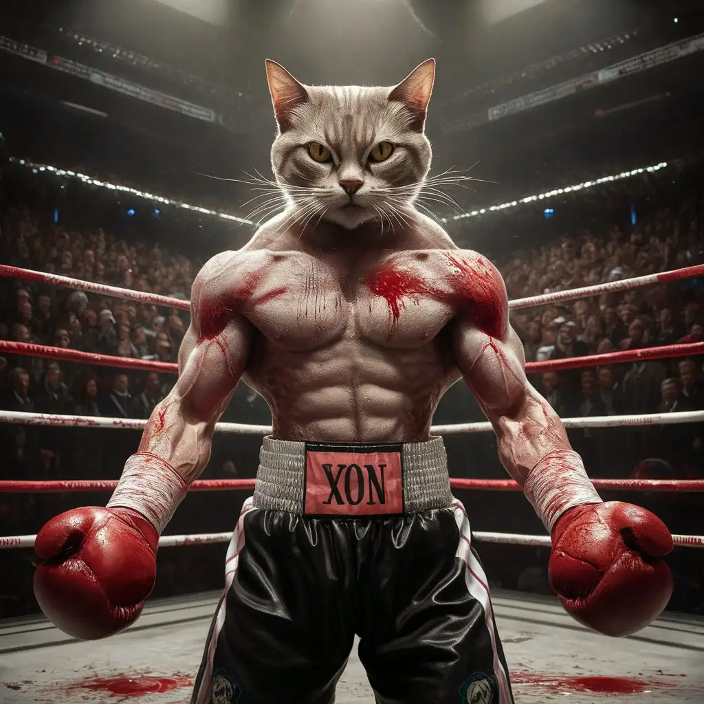 Generating images of a muscular boxing cat in the ring, crying.