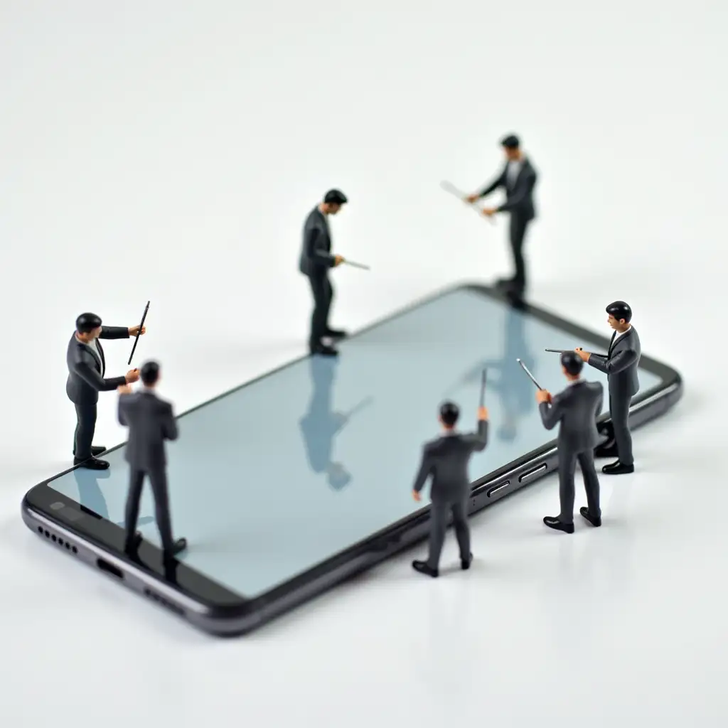 On the photograph, a large smartphone is depicted with small figures of people attracted to it. They look like phone sticking masters, around the telephone creating an illusion that they are engaged in applying protective polyurethane film. One of them is standing on the phone screen, others help to glue along the sides of the smartphone and hold tools. The smartphone dominates the frame with its size, and figures look like miniature models compared to it.