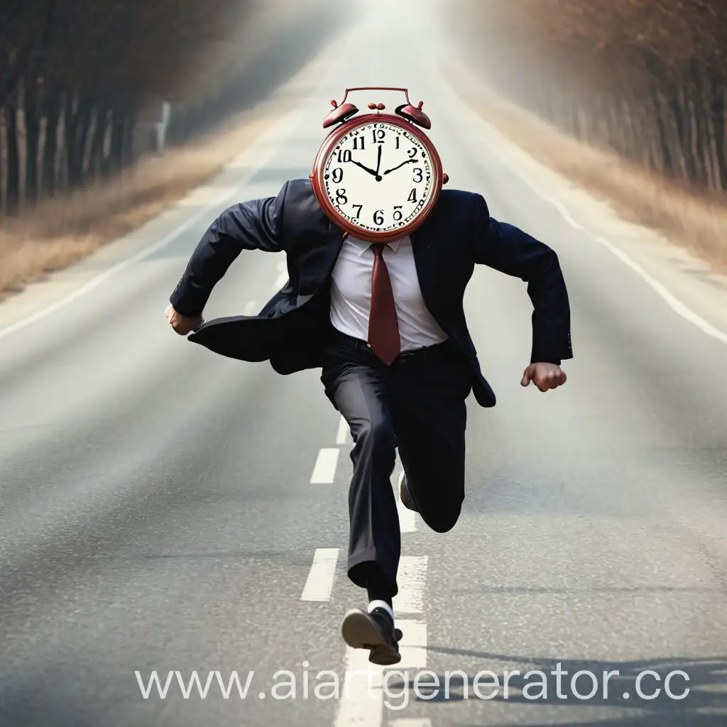 Man-with-Clock-Head-Running-Along-Road