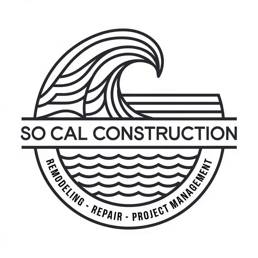 LOGO Design for SO CAL CONSTRUCTION Line Drawing Ocean Wave with Bold Text and Circular Tagline