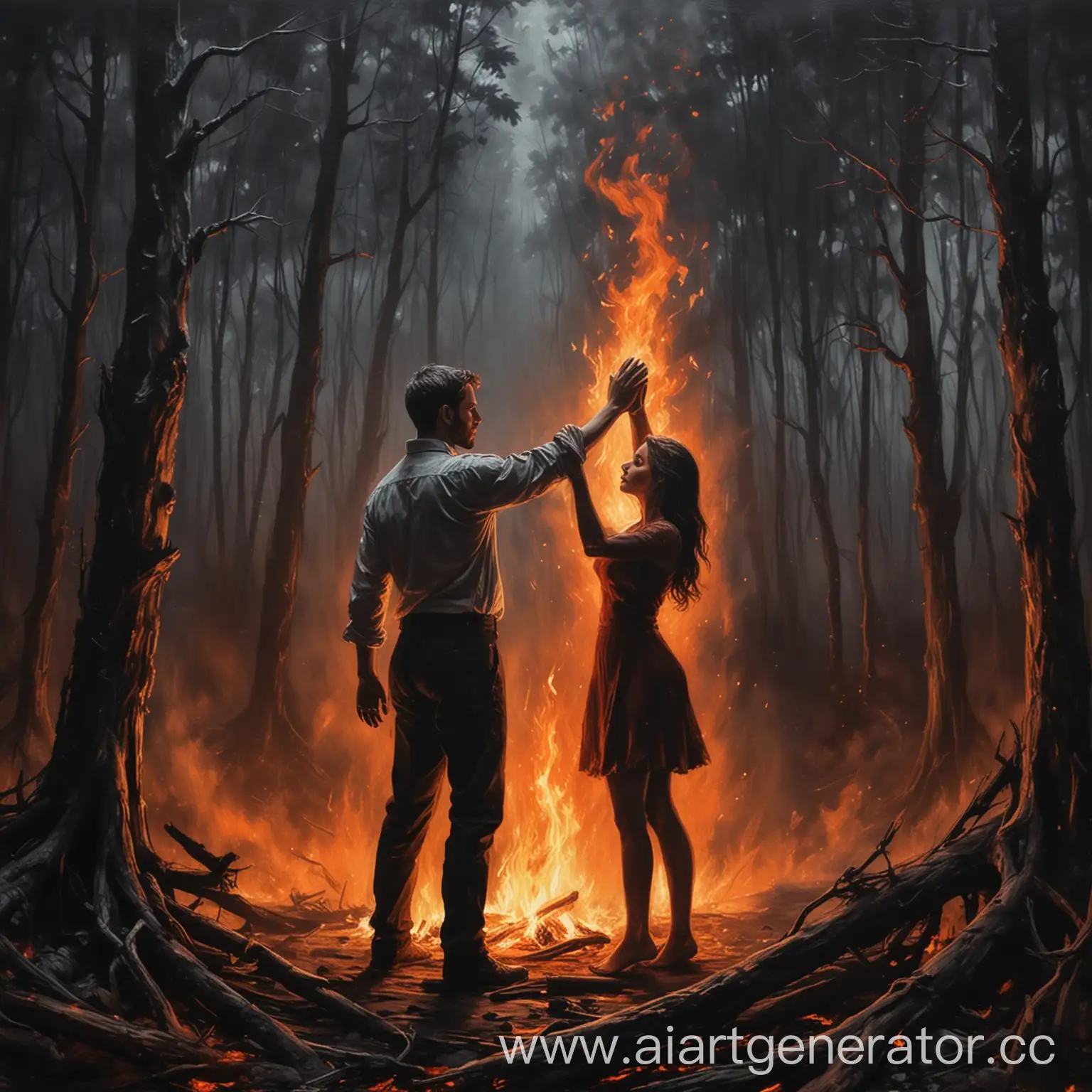 Man-Standing-in-Fire-Reaches-for-Womans-Hand-in-Dark-Forest-Oil-Painting