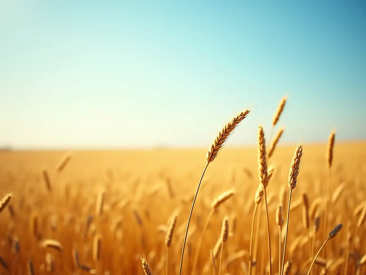 A vast field of golden wheat swaying gently in the wind under a clear blue sky, emphasizing God's provision and unchanging nature.