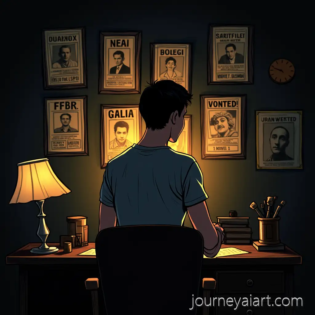 Frank-Abagnale-Jr-Surrounded-by-FBI-WantedFrank-Abagnale-Jr-illustration-Posters-in-a-1960s-Dark-Office