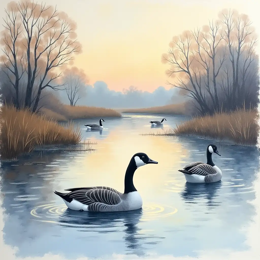 Snow Geese Resting on a Farmers Pond at Dusk