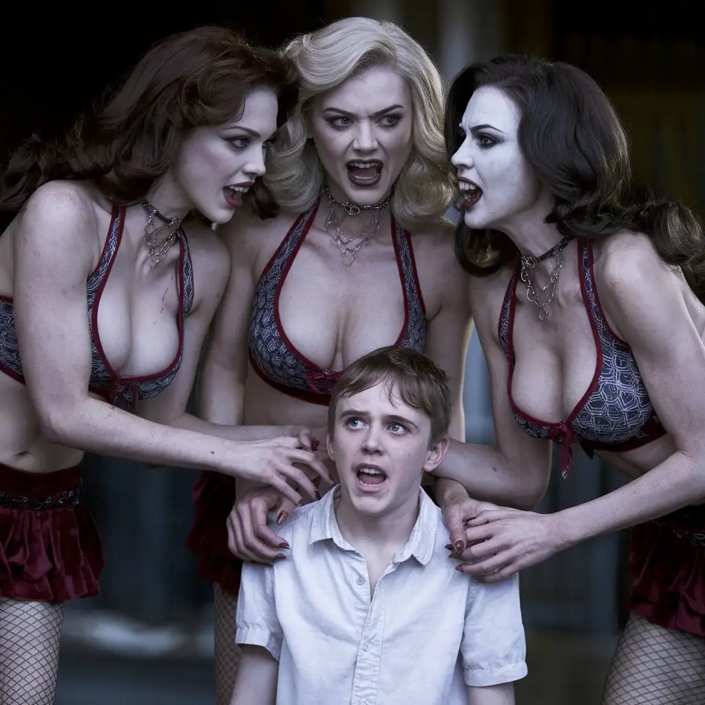 Three-Beautiful-Mature-Female-Vampires-in-Miniskirts-Attacking-a-Boy-Cinematic-Photo