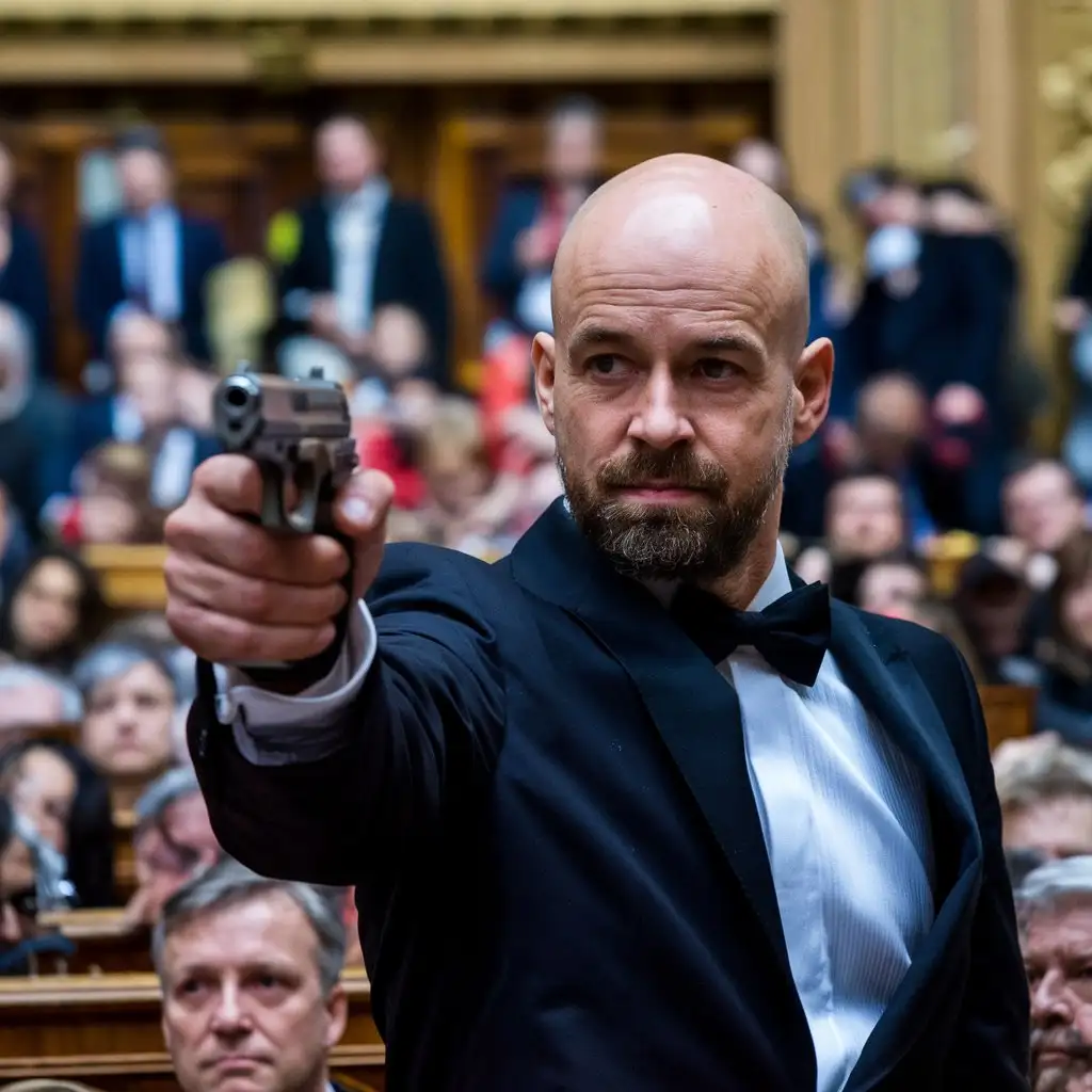 Bald Man in Black Suit with Handgun Amidst Crowded Houses of Parliament