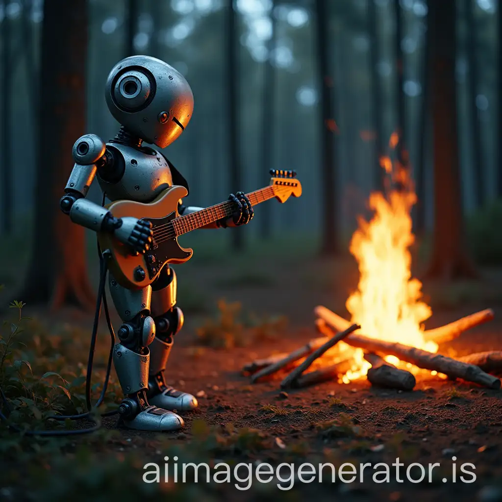 Robot-Playing-Guitar-Near-Campfire-in-a-Forest