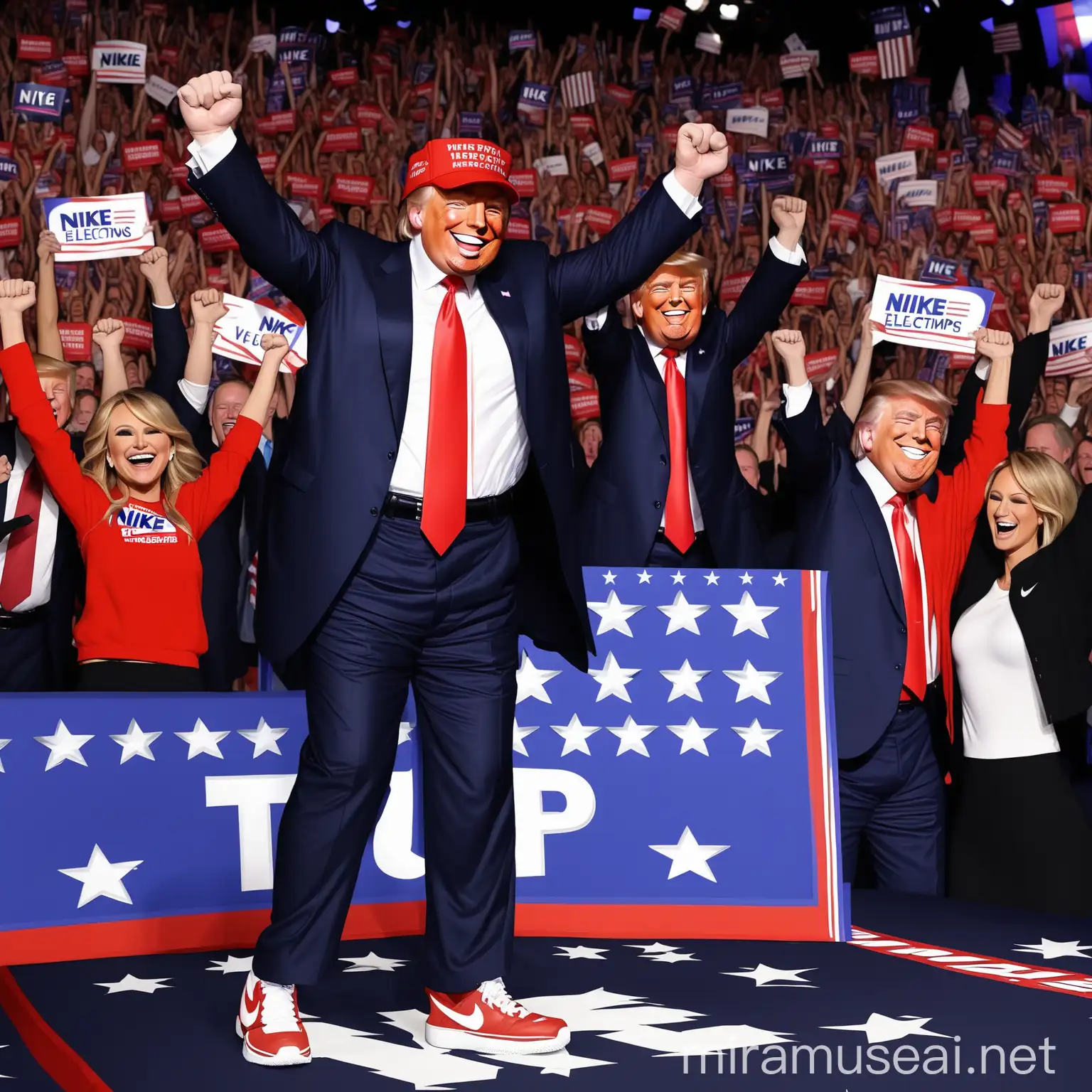 Donald Trump Celebrating Election Victory on Stage in Nike Sneakers