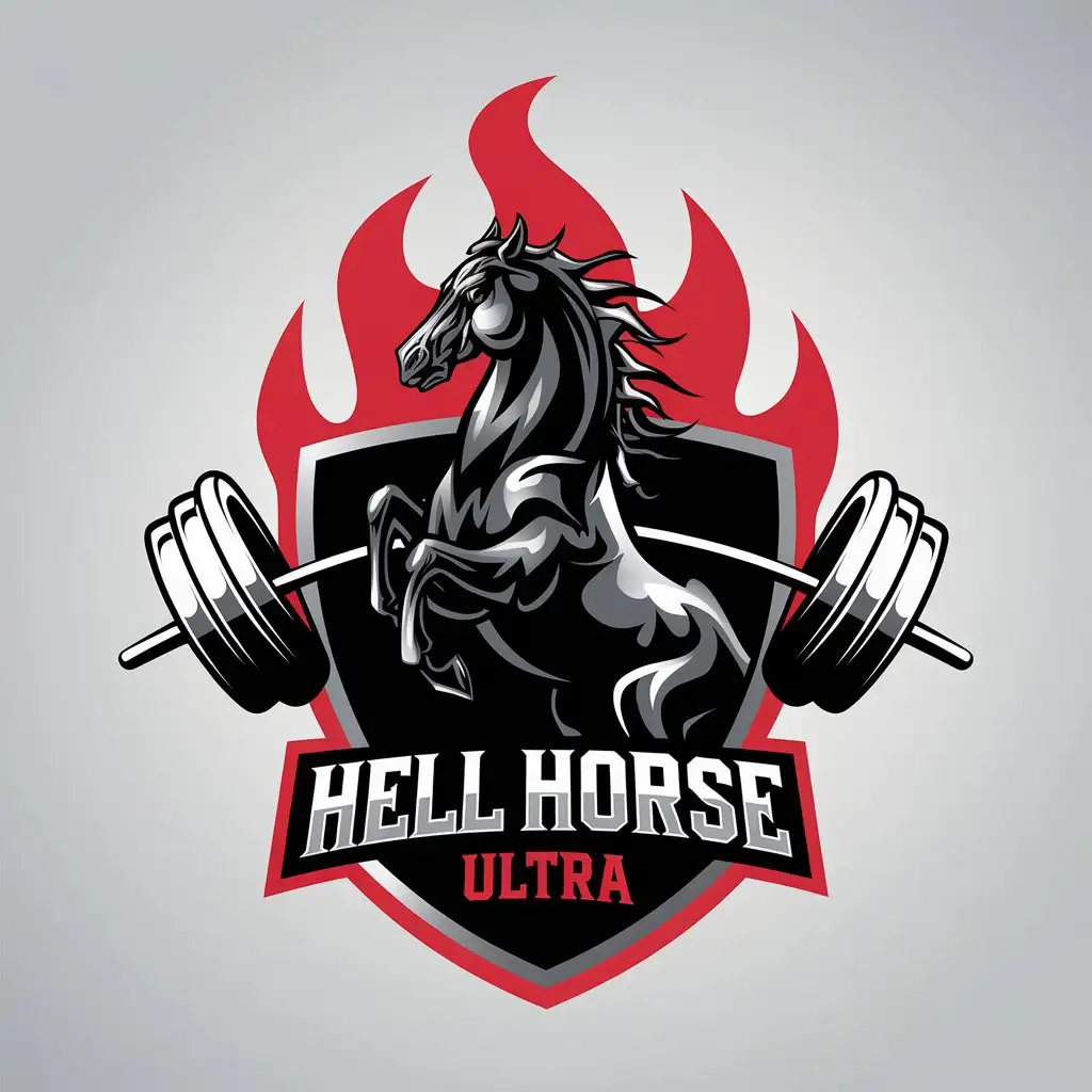 a vector logo design,with the text "HELL HORSE ULTRA", main symbol:Black metallic horse, on the backdrop of red flame, shield in front, on the backdrop of crossed two barbells,Moderate,be used in Sports Fitness industry,clear background,Minimalistic,clear background