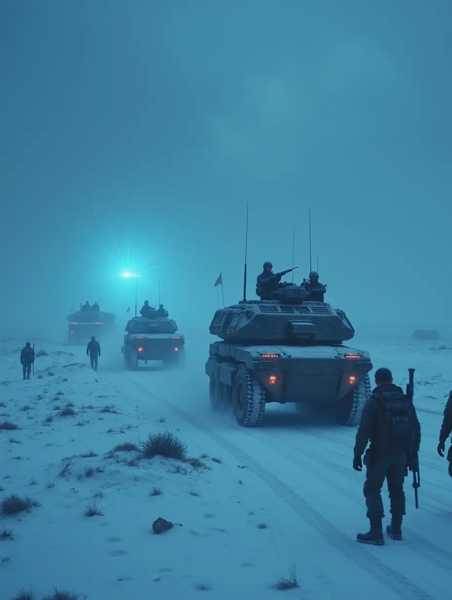 Subject: A convoy of armored military vehicles moving through a barren, snow-covered wasteland under a stormy sky. Scene: One of the vehicles stops, and soldiers disembark to investigate a strange, glowing object half-buried in the snow. Lighting: The cold, dim light of the overcast sky is pierced by the faint blue glow of the object, creating an eerie contrast.