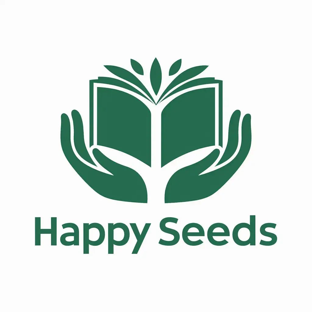 a vector logo design,with the text "Happy seeds", main symbol:Opened book, leafy branch hands,Moderate,clear background