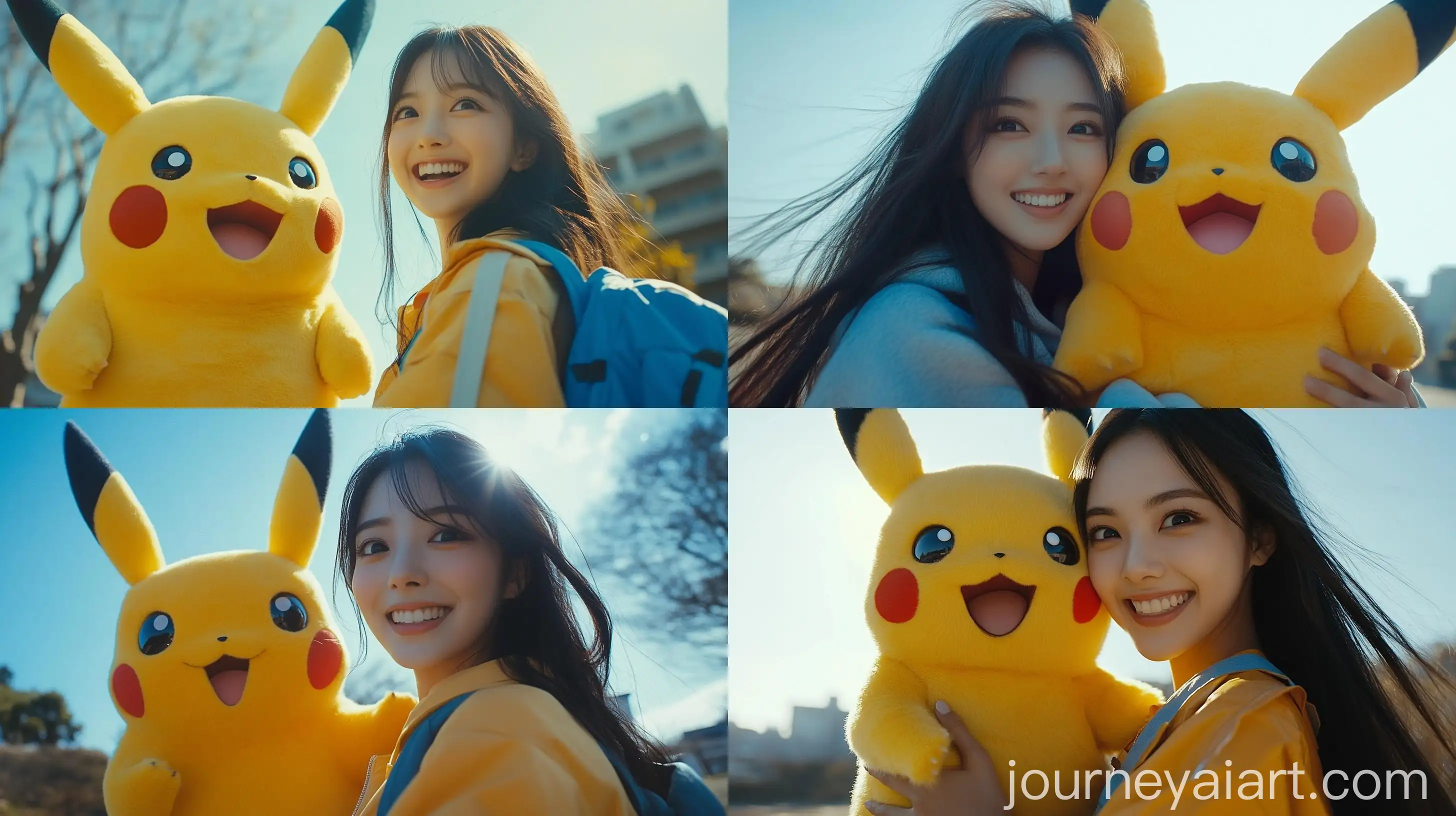 Happy-Asian-Female-in-Giant-Pikachu-Costume-Minimalist-Park-Scene