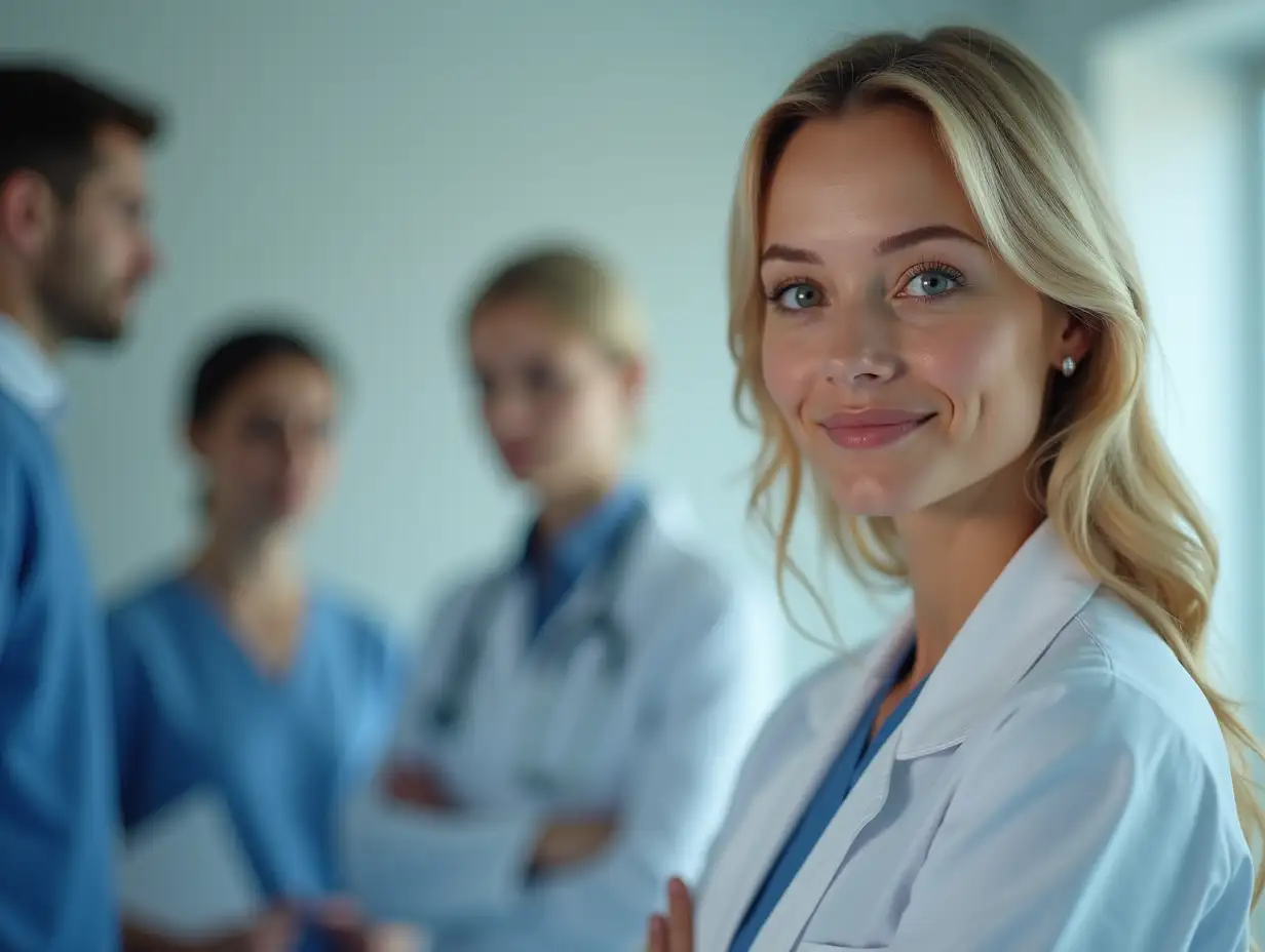 YULIYA KOROLKOVA: blonde woman, for a HEALTH PSYCHOLOGY AND MEDICINE CHANNEL. VERY PROFESSIONAL WITH NEUTRAL HOSPITAL AND MEDICAL OFFICE TONES. In the background, a blurred group of psychologists working with a patient