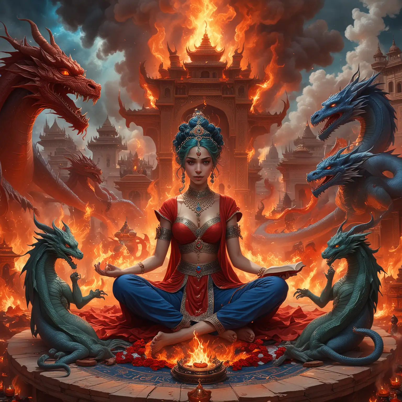 user_prompt: Beautiful adolescent empress goddesses with tight fitting black and red outfits, curly long blue, red, white, and green hair and blue and green eyes, surrounded by giant fiery smoke dragons, mysterious smile, surrounded by fire circles, and a giant dark Arabic-Hindu palace in the background with a big white book full of fire and more goddesses in empress, witch, alien form seated in lotus position, surrounded by fire circles, fire and giant red, blue, and white dragons also full of fire, and another big white book full of fire in the background with goddesses in Hindu-Arabic empress form seated in lotus position and a dark Arabic-Hindu palace in the background