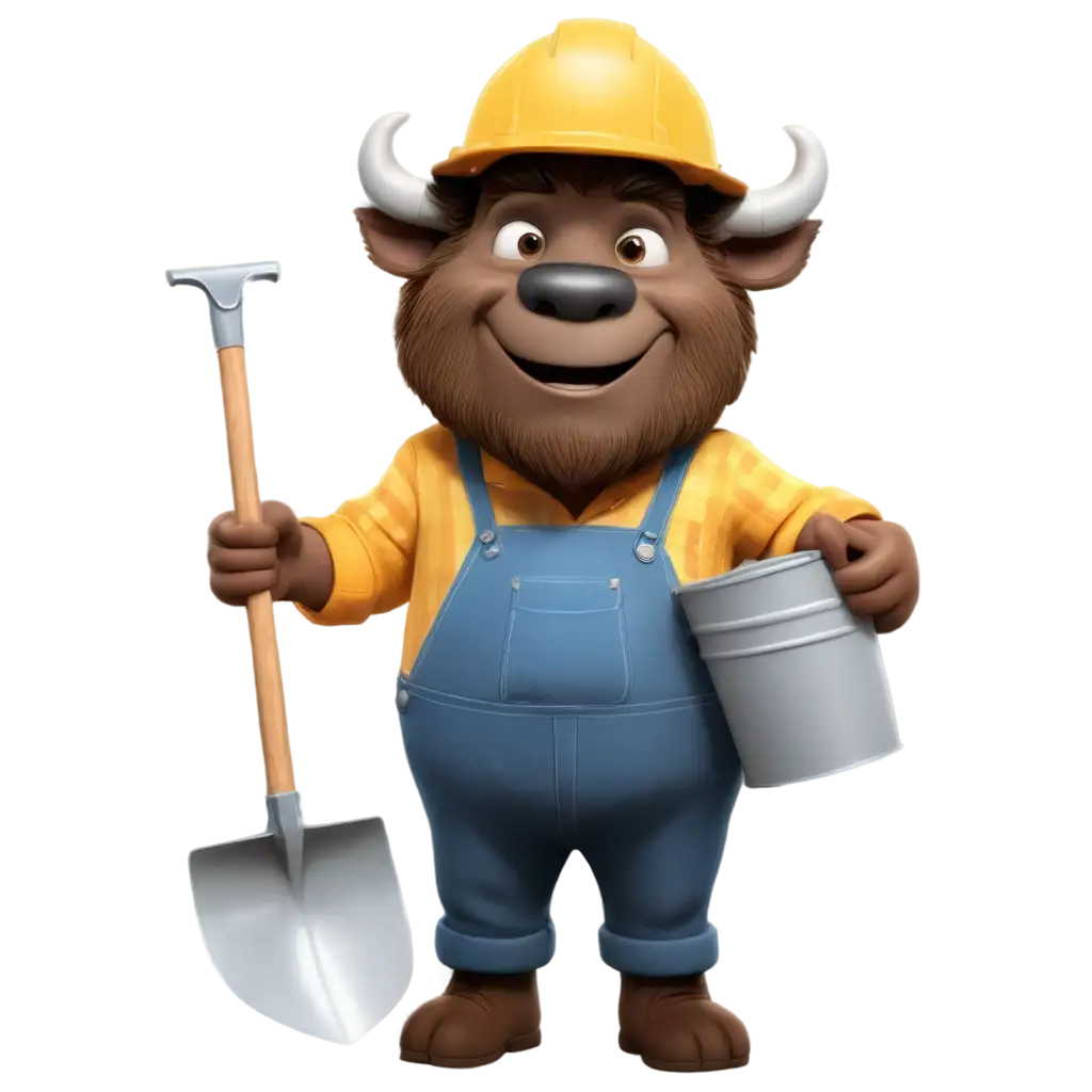 Cartoon-Buffalo-in-Construction-Outfit-Holding-Bucket-and-Shovel-PNG-Image