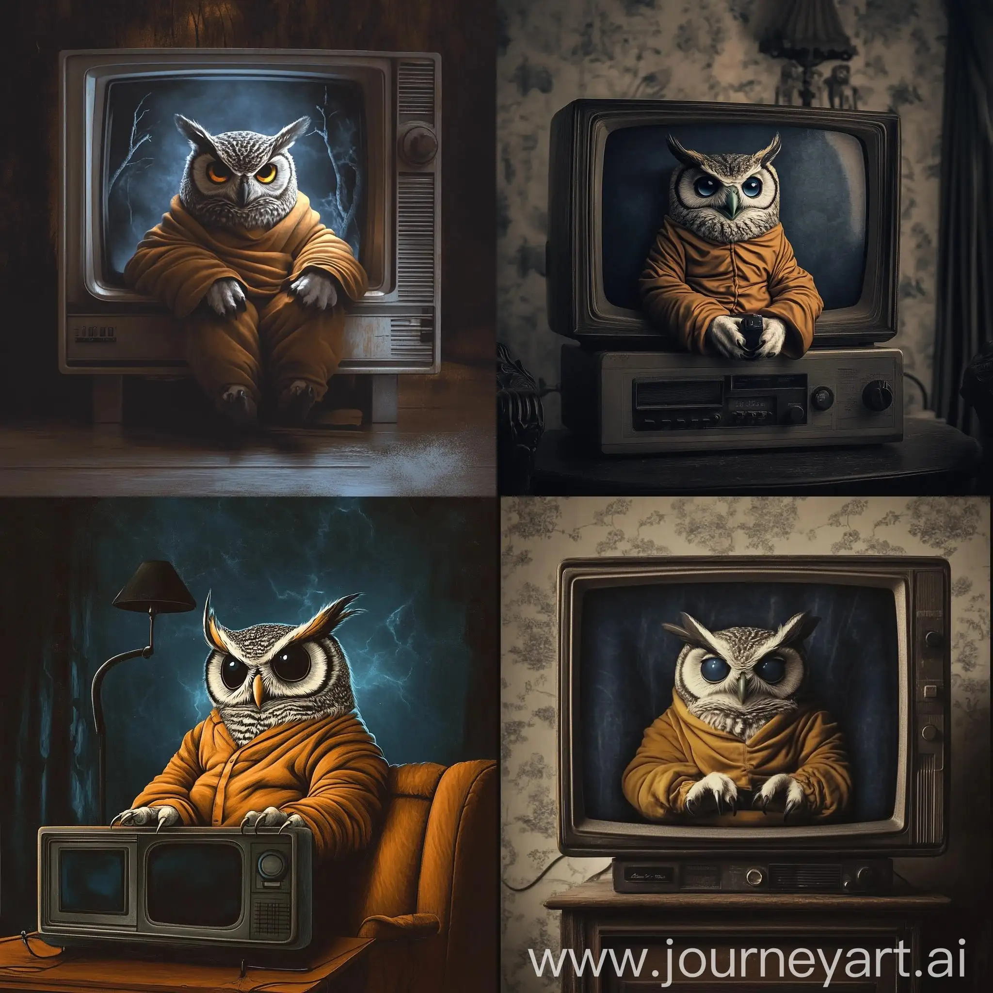 Owl-Watching-Horror-Movie-on-Old-Television