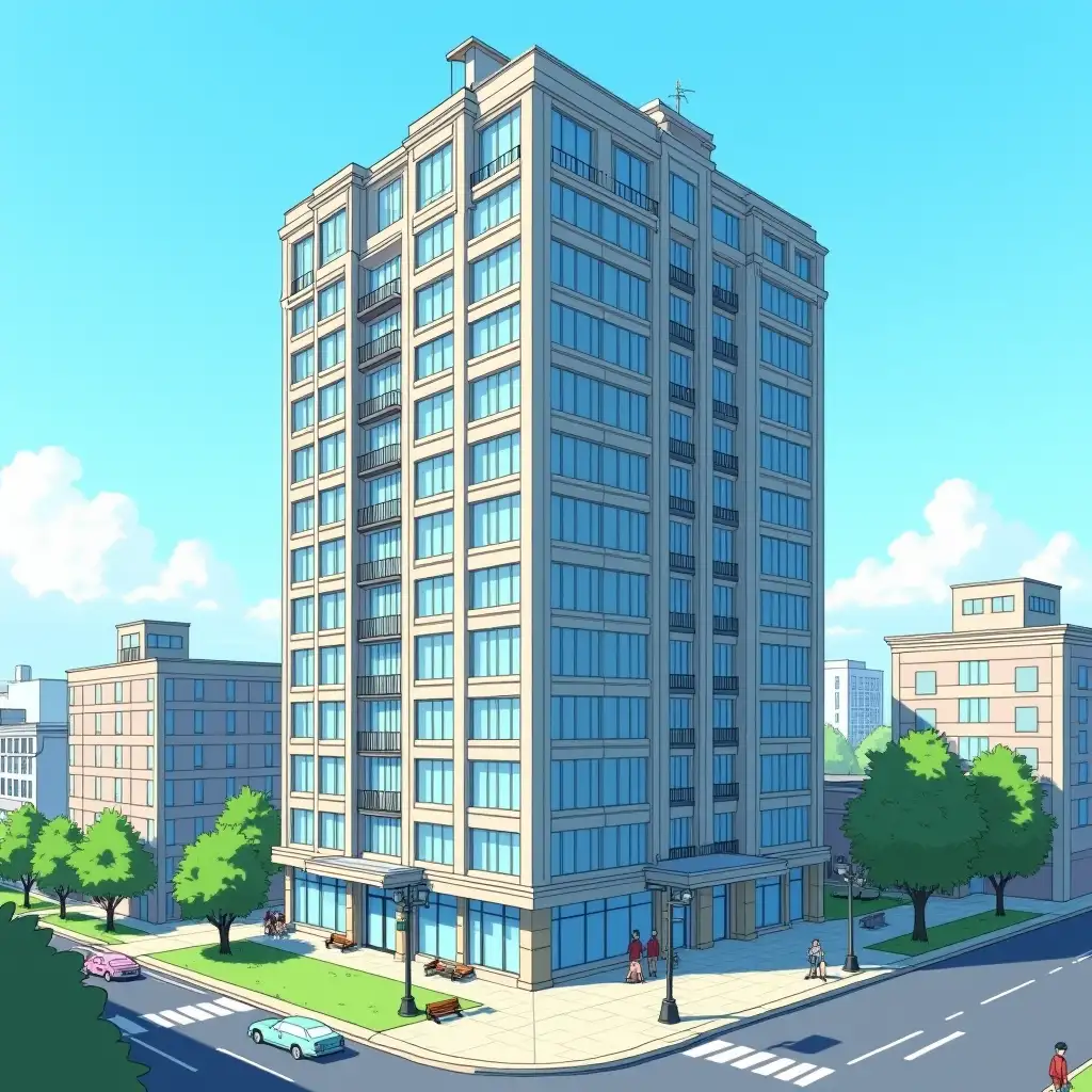 Anime-style illustration of a tall, busy office building with thick lineart and flat, solid colors without any shading. The building has many large windows and detailed vertical ridges across the facade, with added elements like balconies, rooftop equipment, and small antennas to make it appear lively. Surround it with smaller nearby buildings, street lamps, parked cars, and benches to create a bustling atmosphere. Include simple greenery like lawns and trees, and add a few small figures around the building entrance to show activity. The scene is set on a clear, bright day with a plain blue sky and no shadows, maintaining a flat, clean, and colorful look from a slightly elevated diagonal perspective to capture the building's details