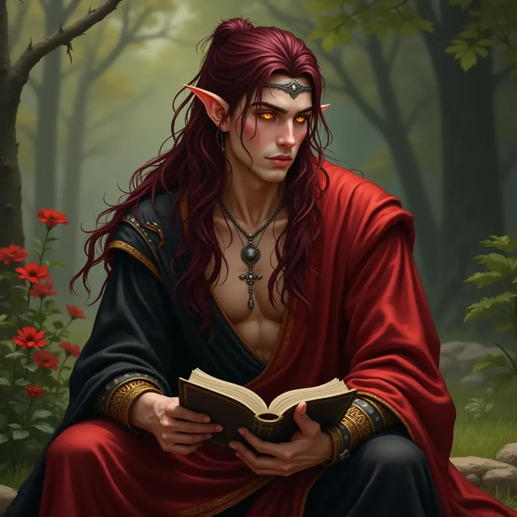 Fantasy Elf Pyromancer in a Garden Reading