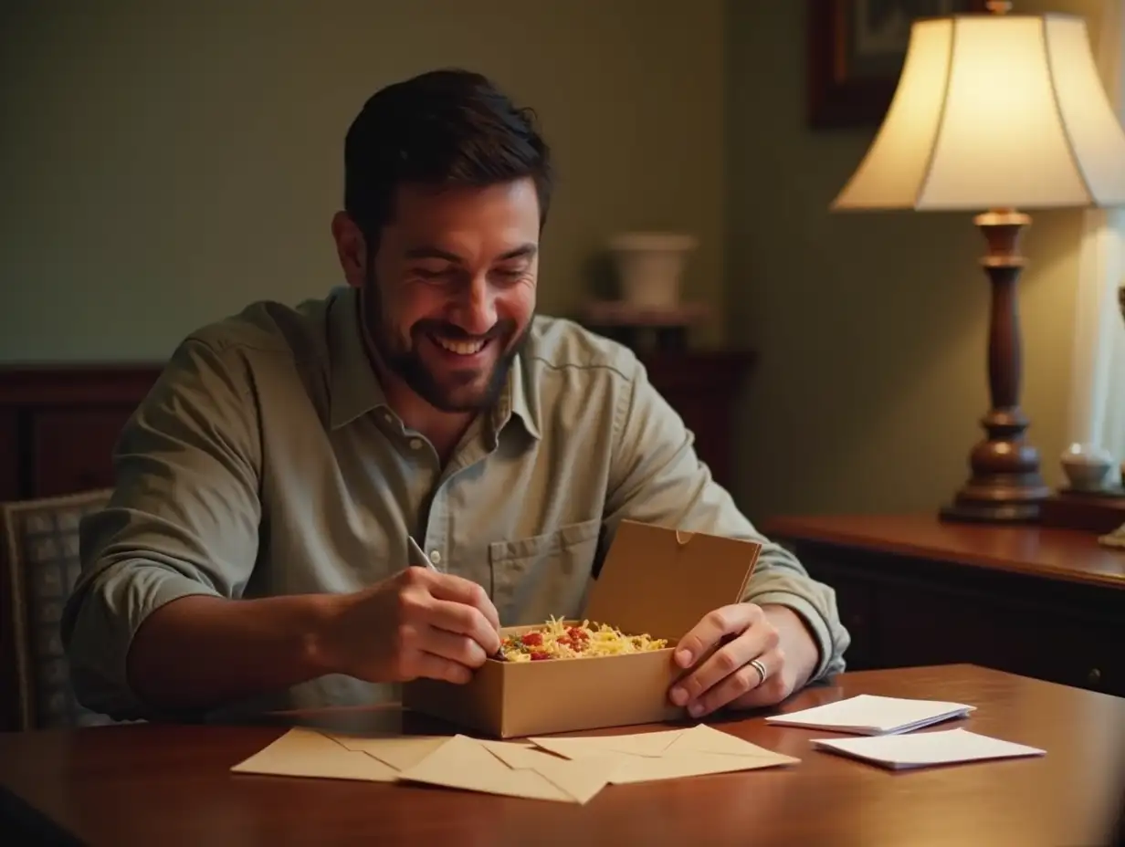 A man is sitting at a table eating a boxed meal, with some envelopes and notes placed next to the lunch box, as well as love. The envelopes and notes are clear, making him laugh heartily. Valentine's Day, atmosphere, character perspective shooting, live action, delicate,