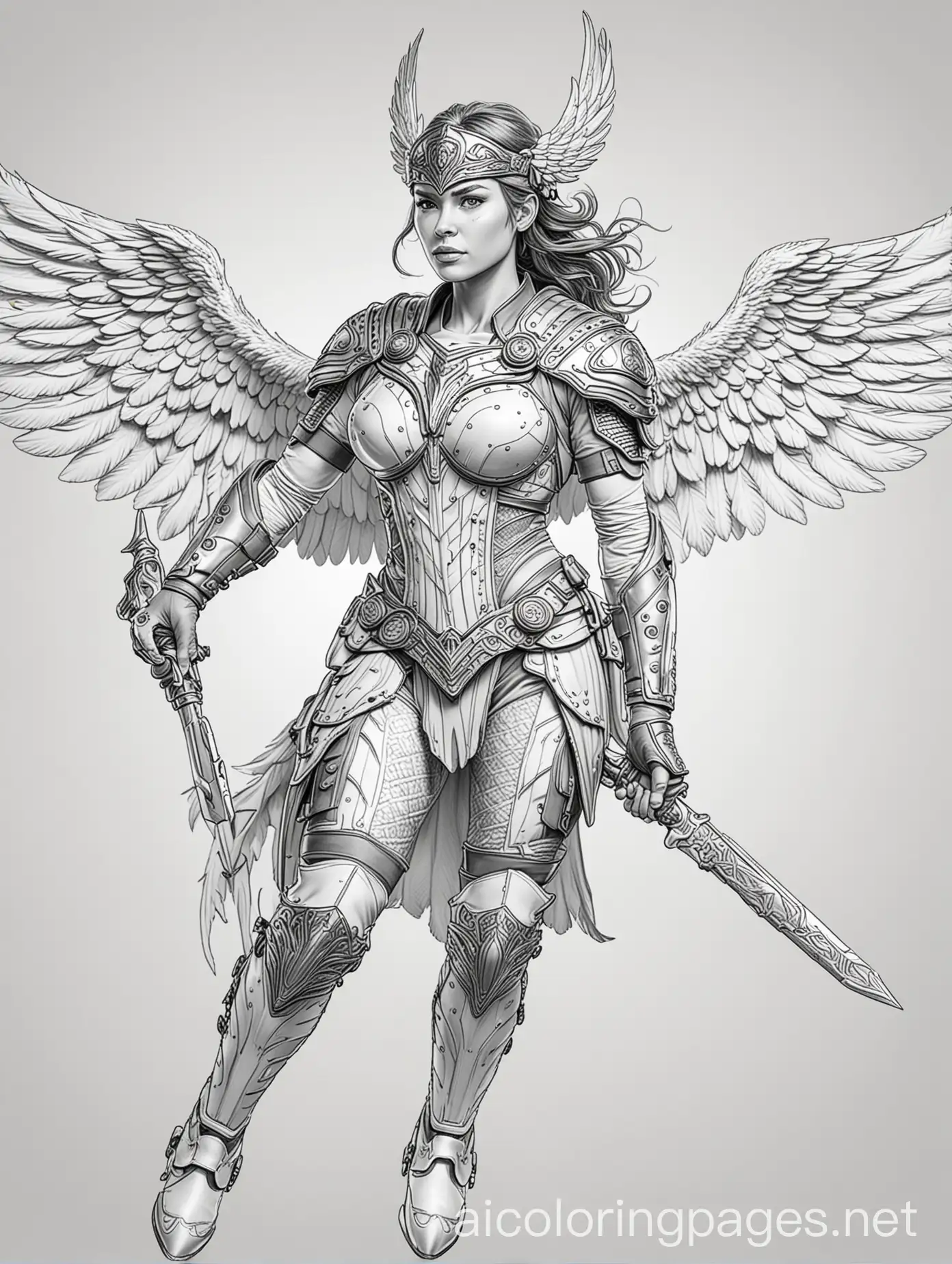 Valkyrie-in-Battle-Gear-Mid-Flight-Coloring-Page