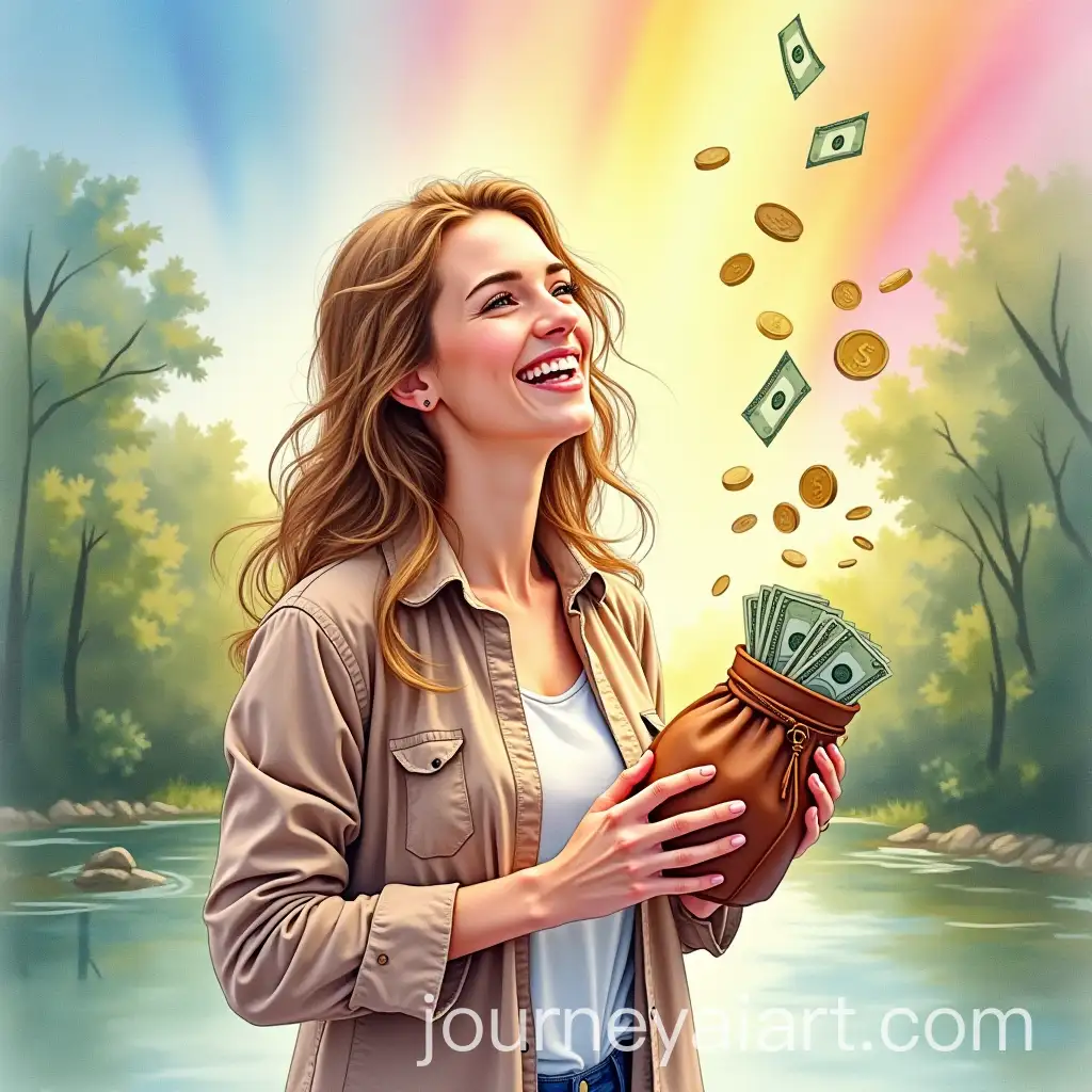 Caucasian-Woman-Holding-Money-with-Falling-Coins-and-Rainbow-Spiritual-Background