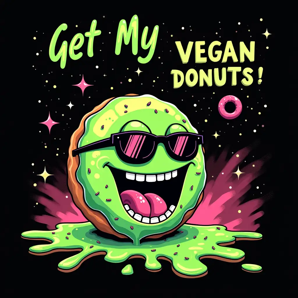 illustration suitable for screen printed T-Shirt design, concept art with mixed vegan anthropomorphic colorful green vegan Ufo donuts with eyes and mouth and big teeth melted like a sugar and grass joint and near is ice cream cheff crazy smiling to him and trying to catch him wearing a cool black sunglasses, there is a written word upper:  Get My VEGAN DONUTS! star skies, CGI art highly detailed, vector Flat design, clean bold, sharp crisp outlines, isolated in black background