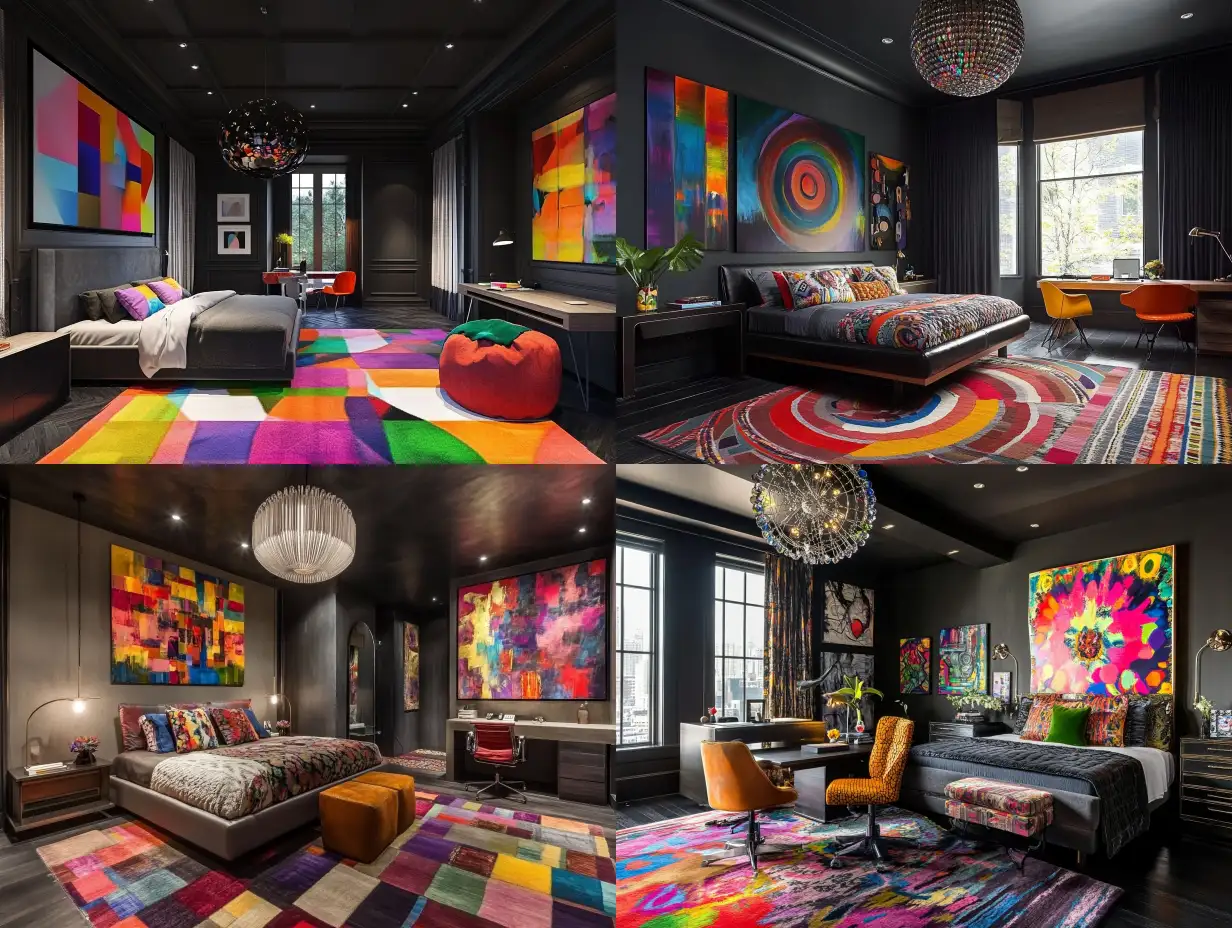Eclectic-Large-Bedroom-with-Modern-Work-Desk-and-MultiColored-Decor