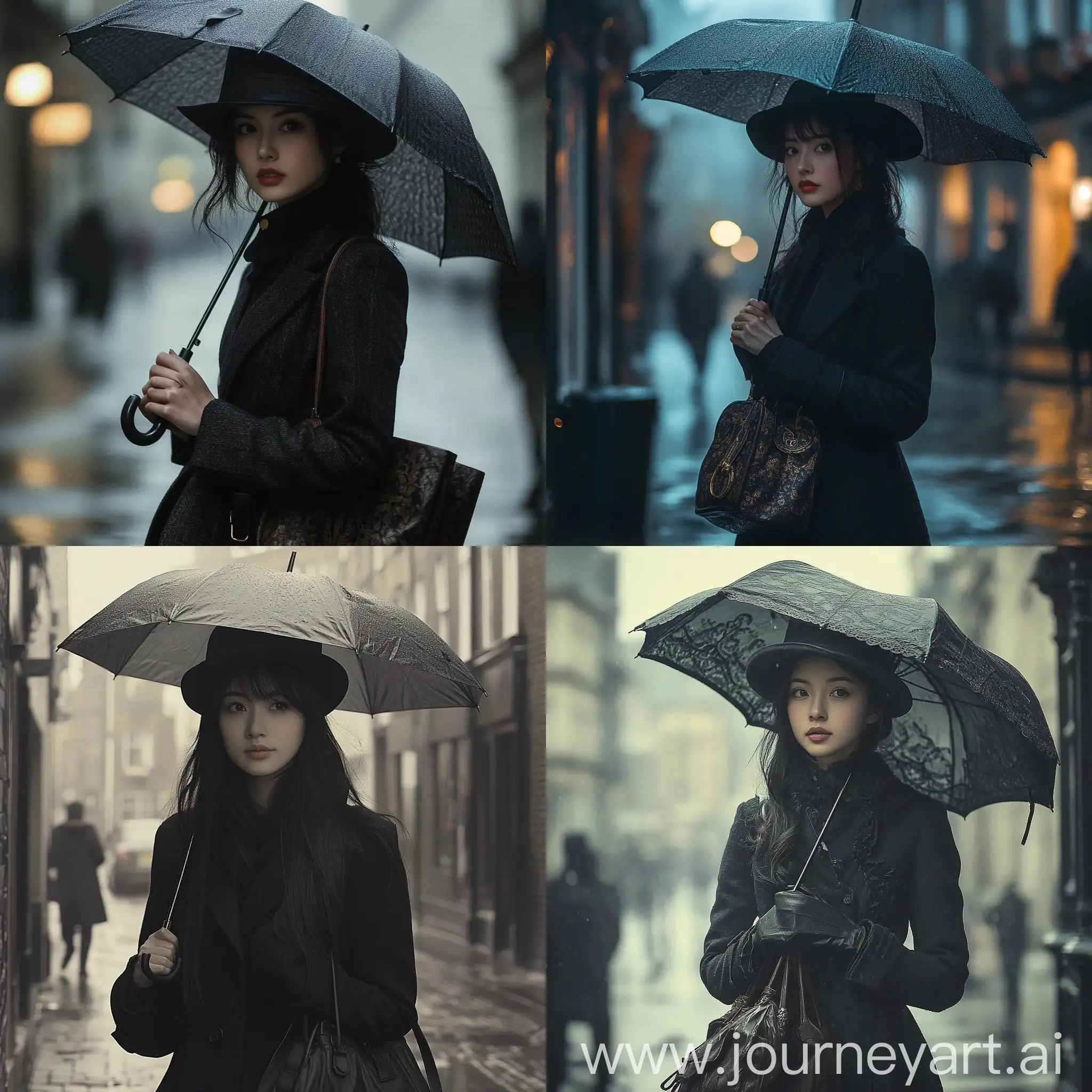 Stylish-Asian-Woman-with-Umbrella-in-London-Street-Scene