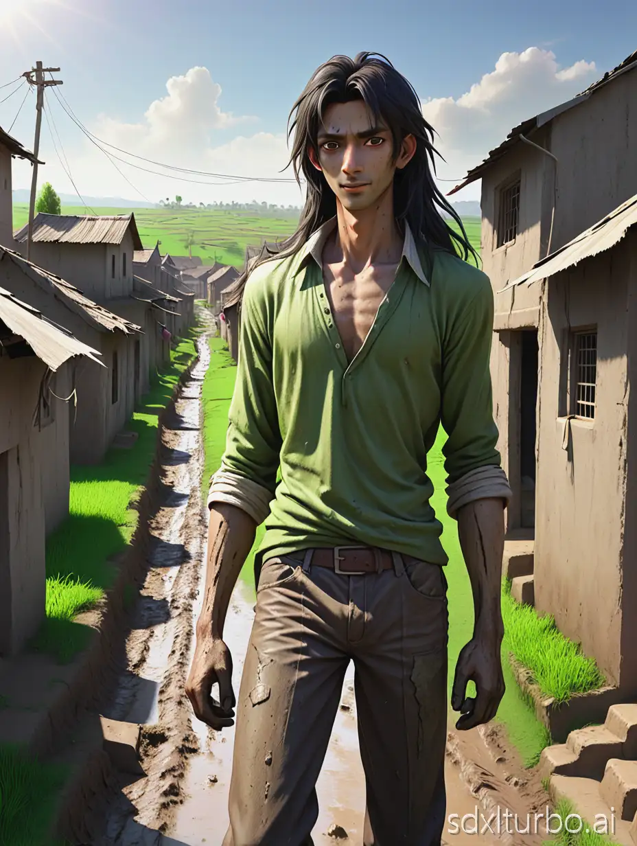 A view of a small village, mud houses and narrow streets, green fields are visible. In the middle Rohan is standing, thin, tall, somewhat long hair, torn shirt and pants on. Rohan looks honest and hardworking. Light sunshine, natural light, realistic style, rural environment.