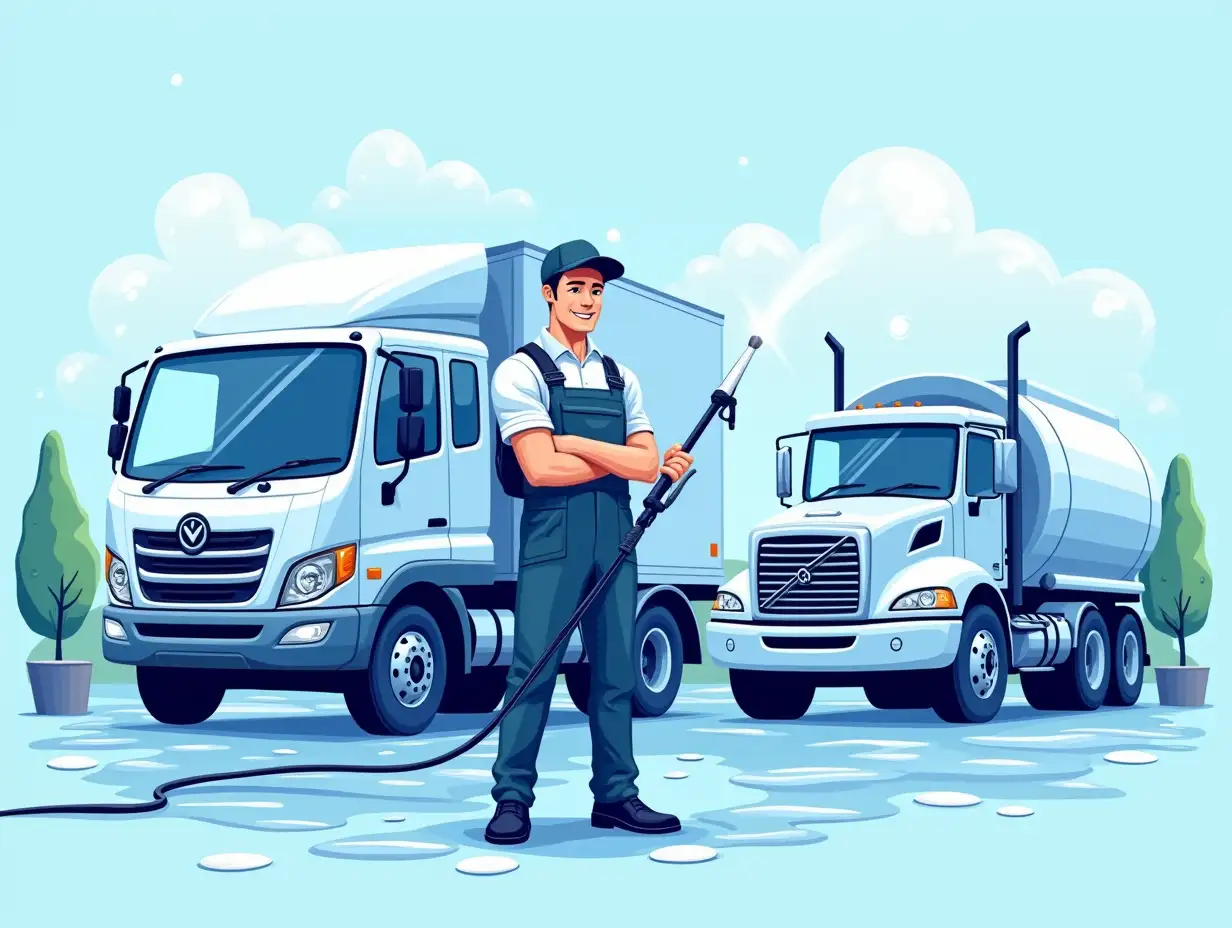 A vibrant and professional illustration of a mobile truck and plant washing service. The scene features a friendly worker in uniform with a pressure washer standing confidently next to a truck and heavy equipment being cleaned. Include soap bubbles, a clean truck with sparkling details, and heavy-duty machinery in the background. The color palette should be fresh and inviting, with a blue and white theme to emphasize cleanliness. Include subtle details like water spray and tools for washing. Design should be in a 3:2 aspect ratio, suitable for a thumbnail.