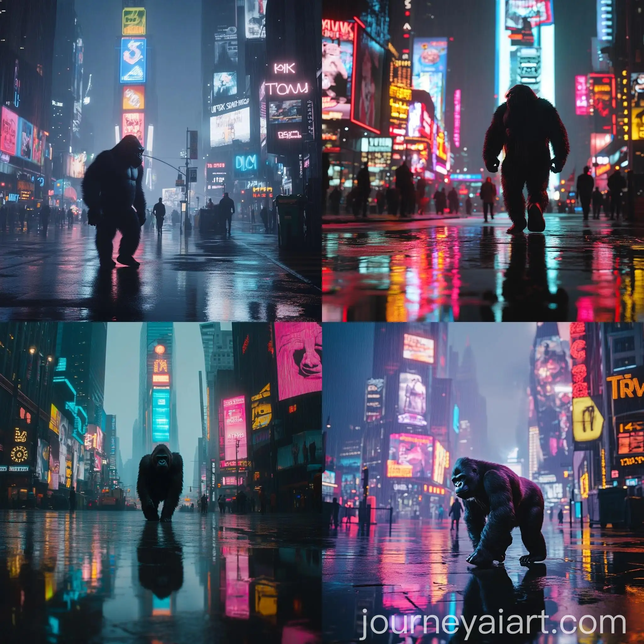 Gorilla-Walking-in-Times-Square-Amid-Rainy-Day-Neon-Lights