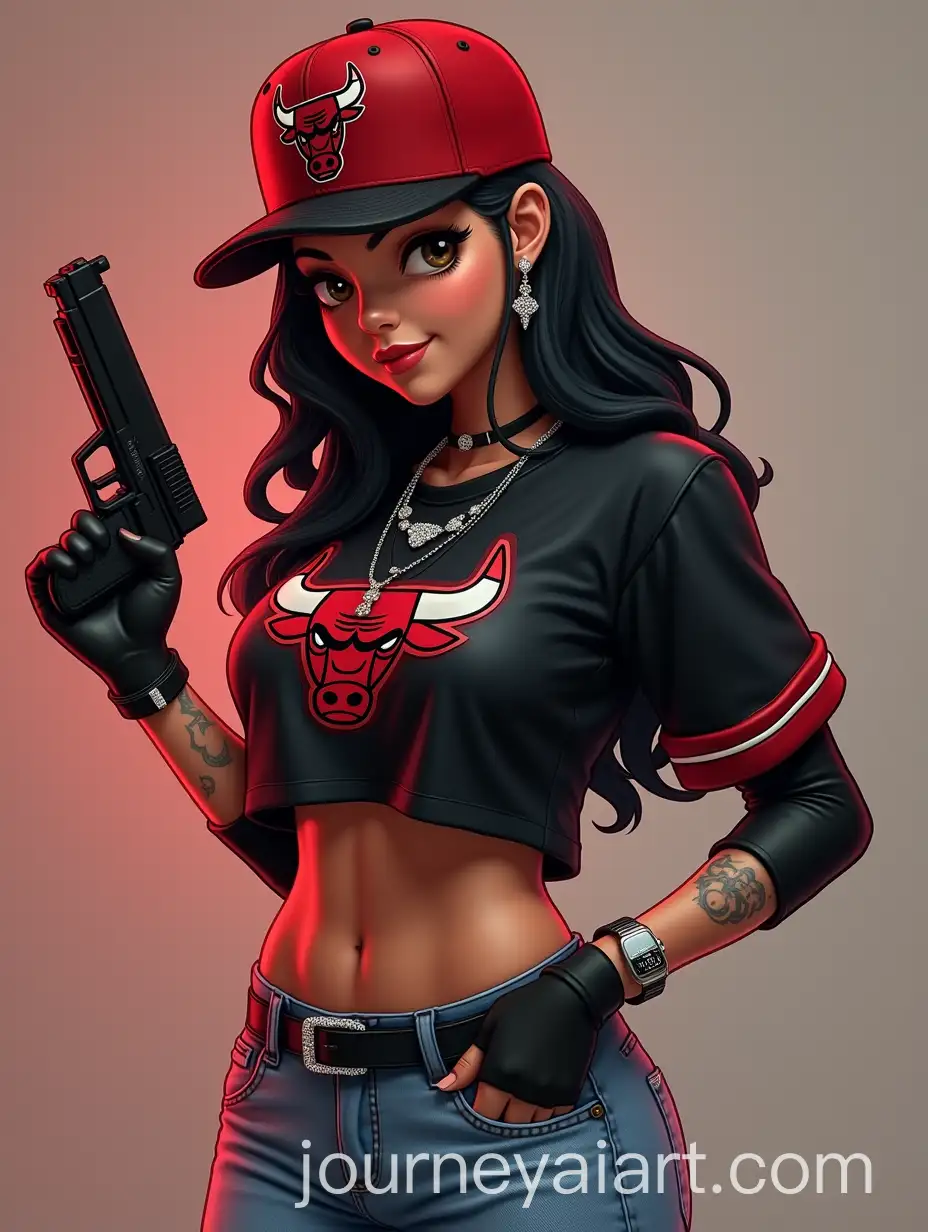 Young-Woman-in-Chicago-Bulls-Gear-with-Playful-Expression-and-Strong-Physique