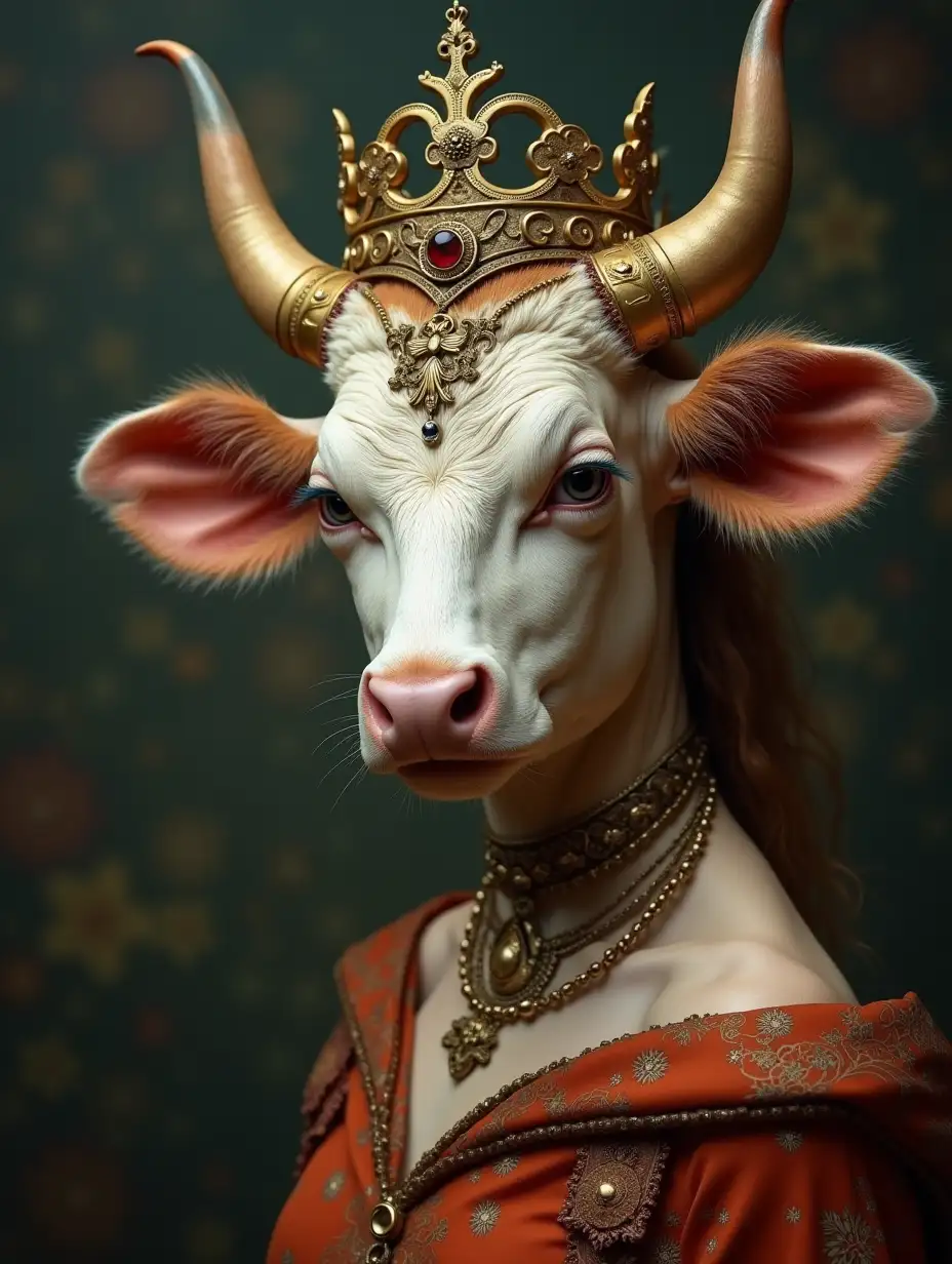 portrait of a cow-queen with a human, female face, fantasy, fairy tale