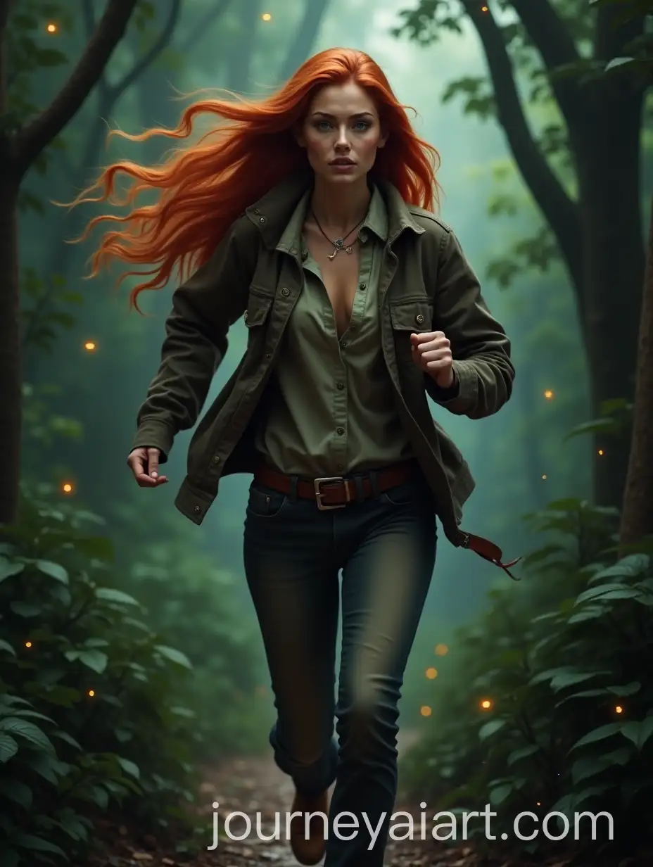 Woman-with-Red-Hair-Running-in-Jungle-with-Indiana-Jones-Outfit-and-Fireflies