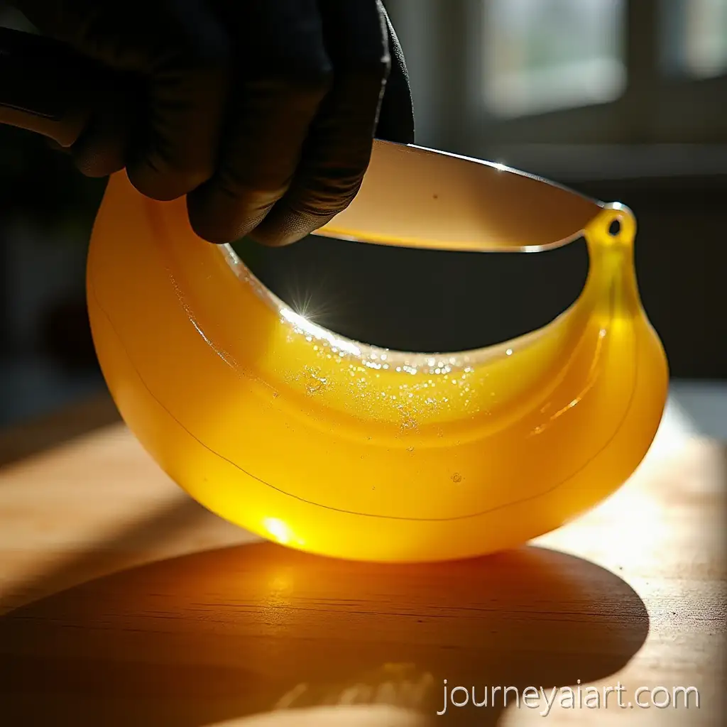 Macro-Shot-of-Yellow-Glass-Banana-withAI-Art-Prompt-Expansion-Dramatic-Sunlight-and-Reflections