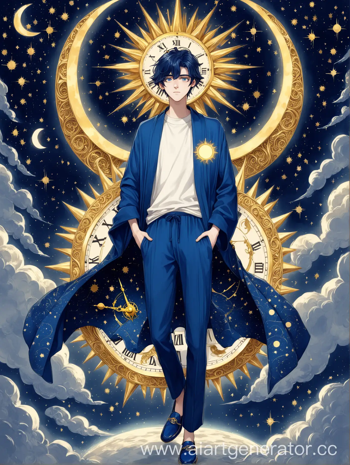 Guy, Age 25 Years Old, Height 195, Dressed in a Blue Robe with Golden patterns in the form of the sun, Moon and Clock, Under the robe A White Sweater, Blue pants and Dark Blue shoes, The pupils of the eyes are Dark Blue and they have golden Flecks like stars, Dark Blue Hair