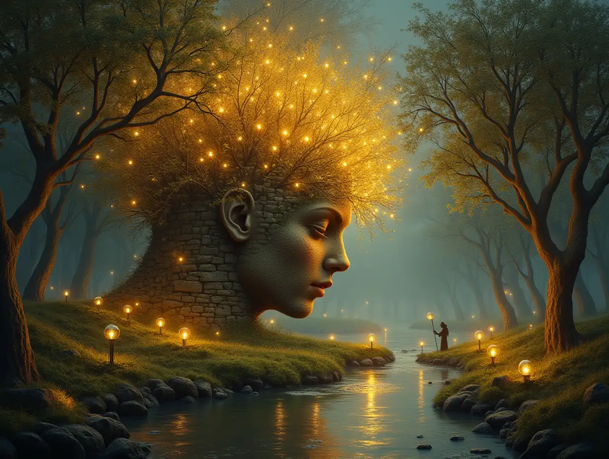 Creating a digital painting of a face with leuctkugel hair, that turns into a building with gold stones and lit trees with golden roots and a river with floating light bulbs and lanterns and strange fairy beings on a meadow